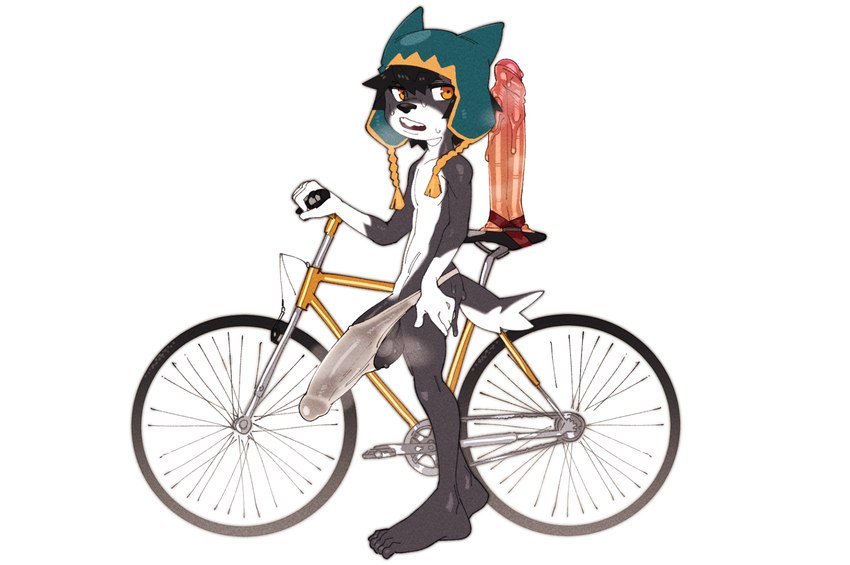 anthro balls bicycle big_balls big_penis biped bodily_fluids countershade_face countershade_tail countershade_torso countershading dildo erection genitals huge_penis humanoid_genitalia humanoid_penis long_penis male penis sex_toy shota simple_background small_but_hung solo sweat tail thick_penis vehicle white_background young young_anthro young_male seniorseasalt sugardusto canid canine canis domestic_dog mammal hi_res