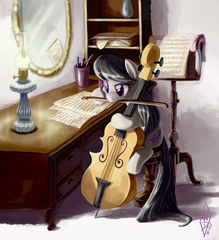 black_hair bow_(feature) bow_(stringed_instrument) bow_tie bowed_string_instrument cello cutie_mark desk f_clef female feral furniture hair lamp long_hair mirror music musical_instrument musical_note musical_symbol purple_eyes solo string_instrument stylus_(object) symbol table tail vase whitediamonds friendship_is_magic hasbro my_little_pony octavia_(mlp) earth_pony equid equine horse mammal pony hi_res