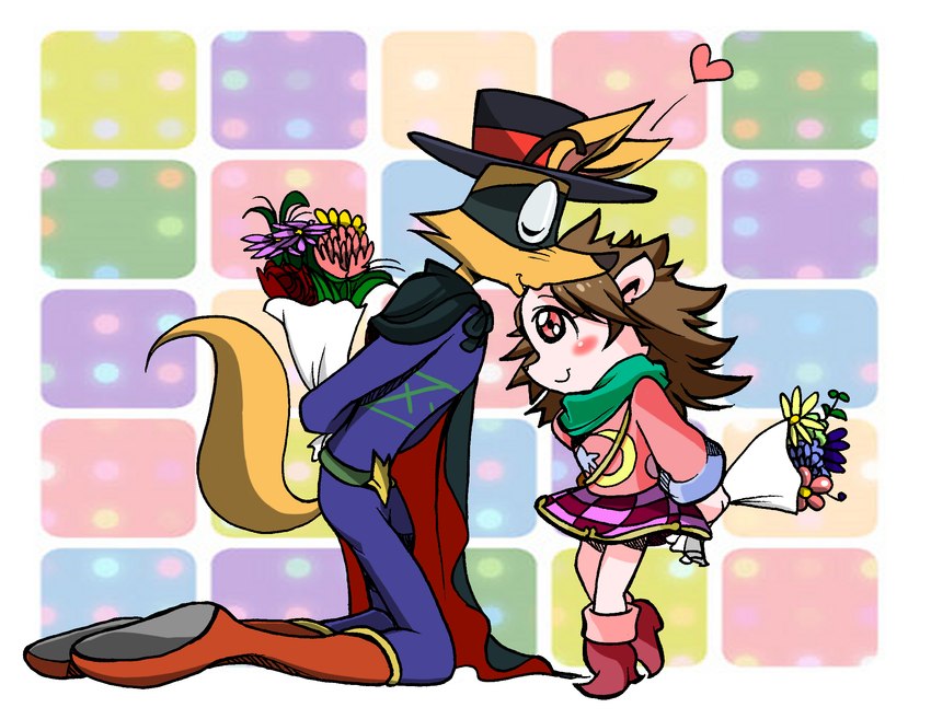 anthro bottomwear bouquet clothed clothing duo female flower flower_bouquet hat headgear headwear kissing magic_user male mantle plant scarf size_difference skirt witch young crimmy nelly kaiketsu_zorori zorori canid canine fox mammal porcupine rodent hi_res