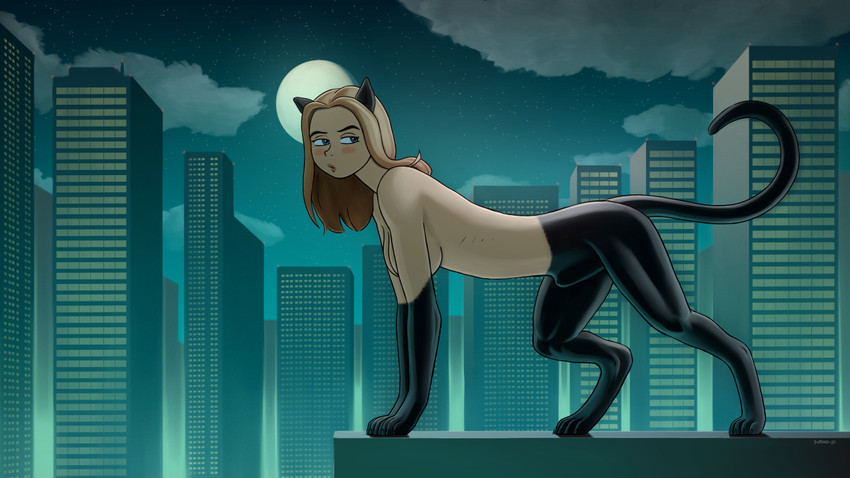 4_toes all_fours animal_genitalia anthro blonde_hair blue_eyes blush breasts building city digitigrade feet fully_sheathed genitals gynomorph hair intersex looking_back moon nude sheath solo toes dotoro_(artist) felid mammal 16:9 widescreen