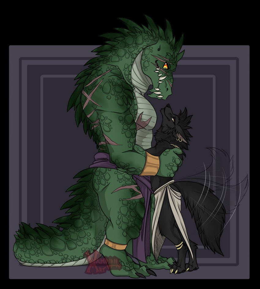 anthro black_body black_fur bottomwear claws clothing digitigrade duo ear_piercing ear_ring fur green_body green_scales hug larger_anthro larger_male loincloth male male/male orange_eyes pecs piercing ring_piercing scales scar scars_all_over size_difference smaller_anthro smaller_male smile tail tail_motion tailwag toe_claws white_body white_scales vampirika naz'akh rilohn alligator alligatorid anubian_jackal canid canine canis crocodilian jackal mammal reptile scalie 2021 alpha_channel digital_media_(artwork) signature