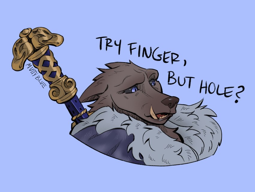 anthro blue_eyes clothed clothing fangs humor male naive simple_background solo sticker teeth text muttyblue elden_ring fromsoftware blaidd_(elden_ring) canid canine canis mammal wolf 2024 4:3 artist_name english_text hi_res meme reaction_image