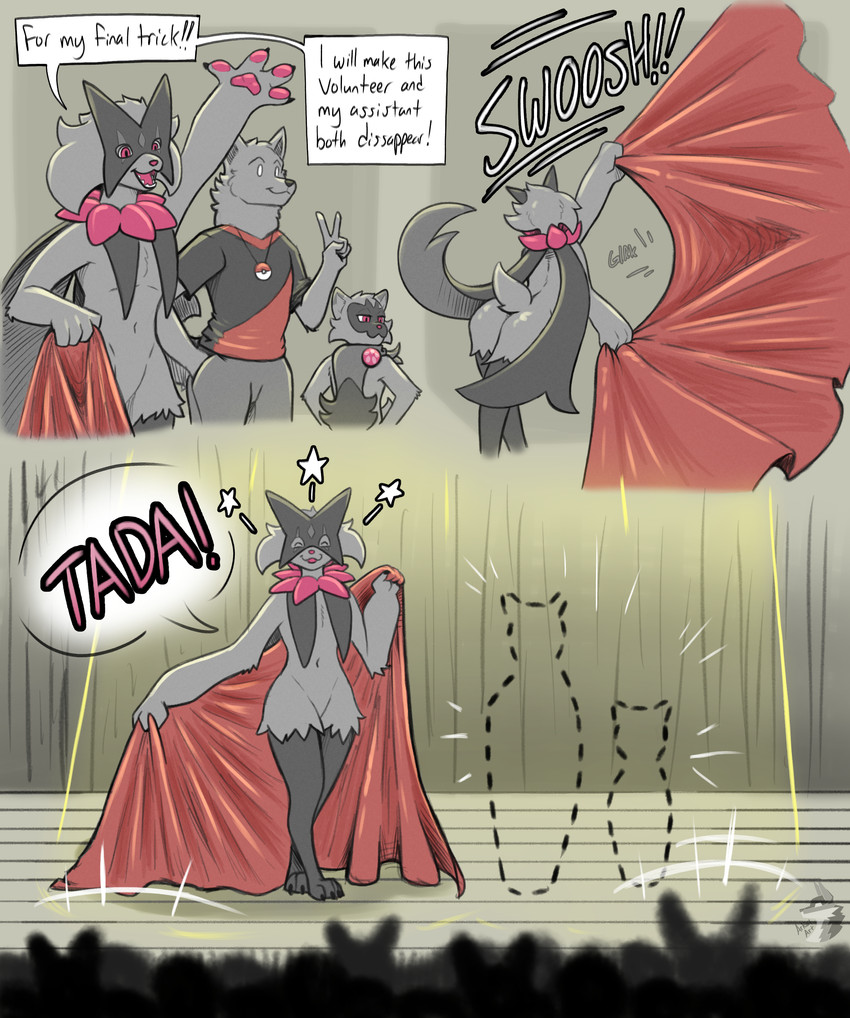 anthro butt cape clothing dialogue digitigrade front_view fur gesture group hand_gesture magic_trick male navel open_mouth performance rear_view smile tail text trio v_sign arkailart nintendo pokemon canid canine canis felid feline floragato generation_9_pokemon mammal meowscarada pokemon_(species) wolf 2025 absurd_res comic english_text hi_res sequence signature watermark