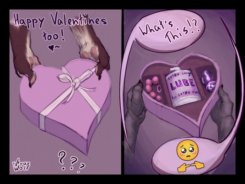 anal_beads anthro begging buttplug dialogue duo emoji exclamation_point female first_person_view gift heart_box high-angle_view holidays lube lube_bottle male pawpads plug_(sex_toy) question_mark sex_toy simple_background surprise text vyarwolf valentine's_day shess'kah sequence