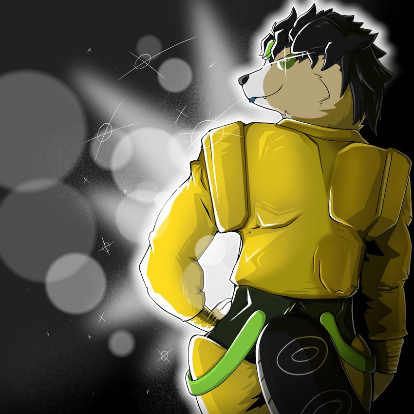 black_background black_hair black_undershirt blue_tongue clothing cosplay fangs forked_tongue fur hair hand_on_hip jacket looking_at_viewer looking_back simple_background solo sparkles tan_body tan_fur teeth tongue tongue_out topwear yellow_clothing yellow_jacket_(clothing) yellow_topwear resachii jojo's_bizarre_adventure dio_brando kaito 1:1 hi_res