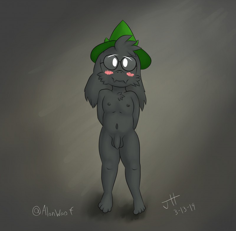 anthro balls barefoot biped black_body black_fur blush casual_nudity clothing eyewear feet fluffy fur genitals glasses hair hat headgear headwear horn male nude penis simple_background smile solo toes alonwoof deltarune undertale_(series) ralsei bovid caprine darkner goat mammal 2019 absurd_res digital_media_(artwork) hi_res