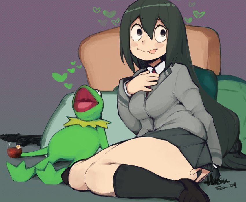 anthro bed beverage clothed clothing container cup duo female furniture glass glass_container green_body gun heart_symbol male on_bed open_mouth open_smile ranged_weapon sitting sitting_on_bed smile tea tea_cup tongue tongue_out weapon hatsumiilkshake lipton_(brand) muppets my_hero_academia asui_tsuyu kermit_the_frog amphibian amphibian_humanoid animal_humanoid frog frog_humanoid human humanoid mammal muppet quirked_human_(my_hero_academia) 2024