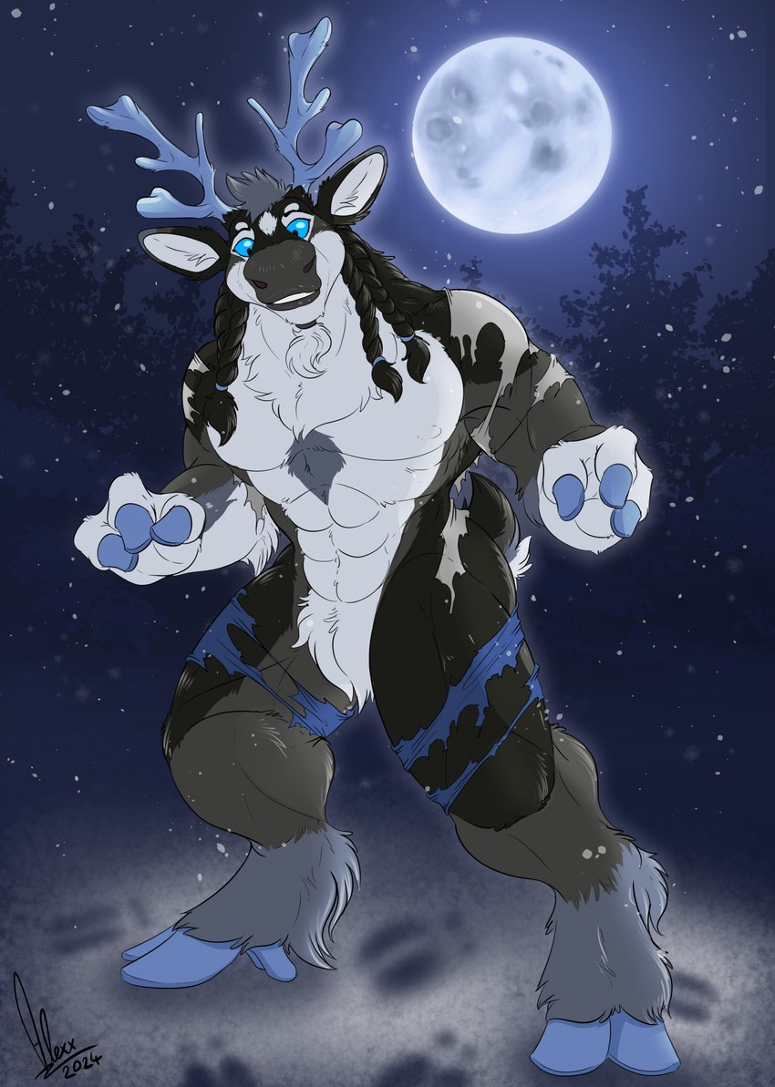 3_fingers abs after_transformation alternate_species anthro antlers black_body black_fur blue_antlers blue_eyes blue_hooves bottomwear braided_mane broad_shoulders chest_tuft chin_tuft clothing cloven_hooves crotch_tuft destroyed_clothing facial_tuft feathering featureless_crotch fingers full_moon fur gloves_(marking) grey_body grey_fur grey_nose head_tuft hooved_fingers hooves horn leg_markings light male mane markings moon moonlight multicolored_body multicolored_fur muscular muscular_anthro muscular_male neck_tuft night nipples outside pants parted_lips pecs plant scut_tail shirt shocked short_tail sky snow snowing socks_(marking) solo standing surprised tail teeth topwear torn_bottomwear torn_clothing torn_pants torn_shirt torn_topwear tree tuft unguligrade white_body white_fur spirit_dancer ghostbloodmoon deer mammal new_world_deer reindeer werecreature weredeer werenew_world_deer werereindeer 2024 hi_res shaded signature simple_shading