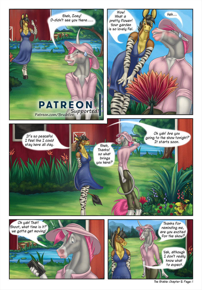 anthro breasts clothed clothing dialogue dress duo female femboy flower garden gardener gardening horn magic male plant secret stable sun text brushfire mythology felicia_(brushfire) zoey_(brushfire) equid equine hybrid mammal mythological_creature mythological_equine unicorn zebroid zonkey comic english_text hi_res url