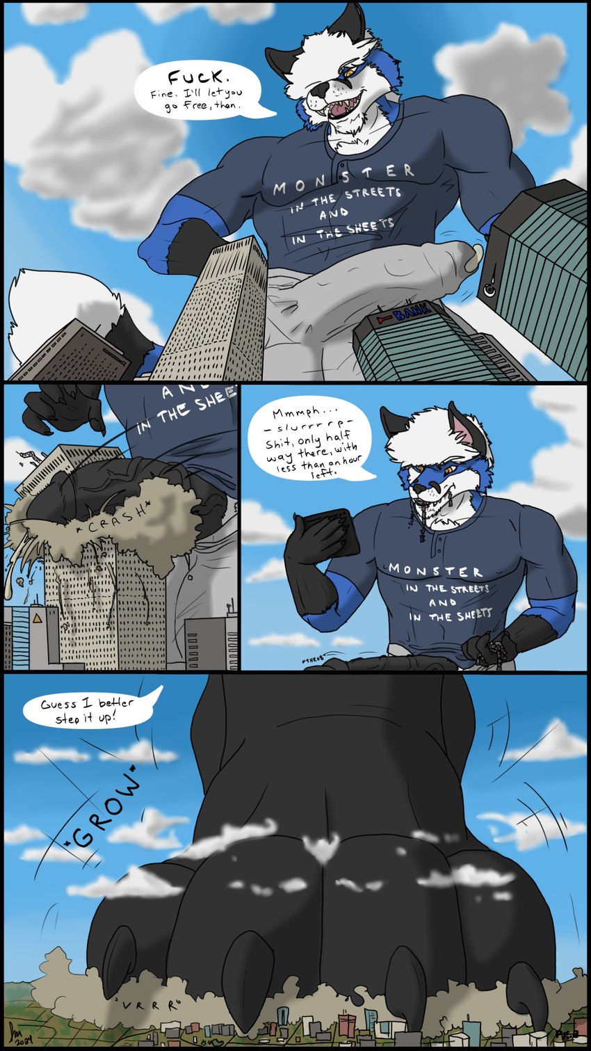 4_panel_comic 4_toes 5_fingers anthro big_penis biped black_feet black_finger_claws black_hands black_penis black_toe_claws blue_body blue_clothing blue_shirt blue_t-shirt blue_topwear bodily_fluids body_size_growth bottomwear building building_destruction cellphone city city_destruction claws clothing destroyed_building destruction dialogue electronics emanata erection feet finger_claws fingers foot_crush fully_clothed_anthro fully_clothed_male genital_fluids genitals giga grey_bottomwear grey_clothing grey_shorts growth_lines hair holding_object holding_phone huge_penis humanoid_genitalia humanoid_penis landscape_dwarfing leaking_precum leaking_through_clothing low-angle_view macro male onomatopoeia paws penis penis_crush phone plantigrade precum profanity shirt shorts size_transformation solo sound_effects speech_bubble t-shirt text text_on_t-shirt toe_claws toes topwear transformation vein veiny_penis white_hair yellow_eyes solexfox solex_draconov canid canine fox mammal 9:16 comic english_text hi_res