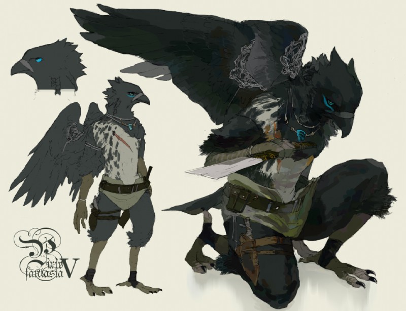 4_fingers anthro avian_feet beak belt belt_pouch black_beak black_body black_claws black_feathers black_wings blue_eyes blue_markings bottomwear claws clothed clothing feathered_wings feathers feet fingers grey_background grey_body holding_object holding_weapon jewelry kneeling knife male markings melee_weapon multicolored_body necklace scar simple_background solo standing talons text toe_claws toes weapon white_body wings mucknagabe avian bird corvid corvus_(genus) crow oscine passerine flat_colors model_sheet shaded soft_shading