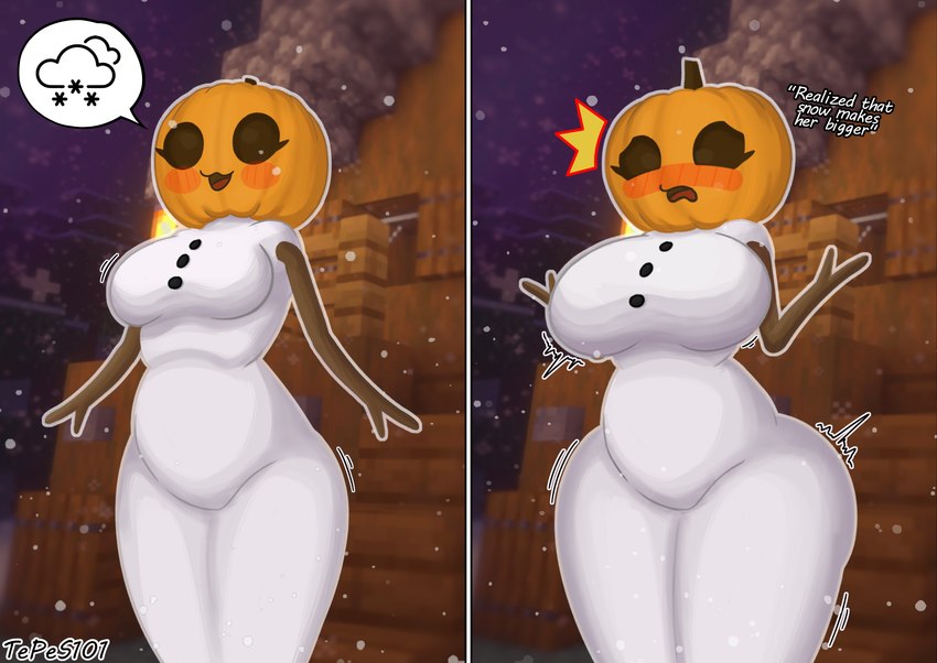 :3 anthro big_breasts blurred_background breast_expansion breasts curvy_figure expansion eyelashes female flustered food for_a_head fruit growth_lines hail happy hip_expansion jack-o'-lantern minecraft_background open_:3 open_mouth outside plant pumpkin pumpkin_head smile snow snowman snowstorm solo standing stick_arms text thick_thighs thigh_expansion white_body wide_hips tepes101 microsoft minecraft mojang xbox_game_studios golem_(minecraft) object_head snow_golem_(minecraft) 2024 english_text hi_res