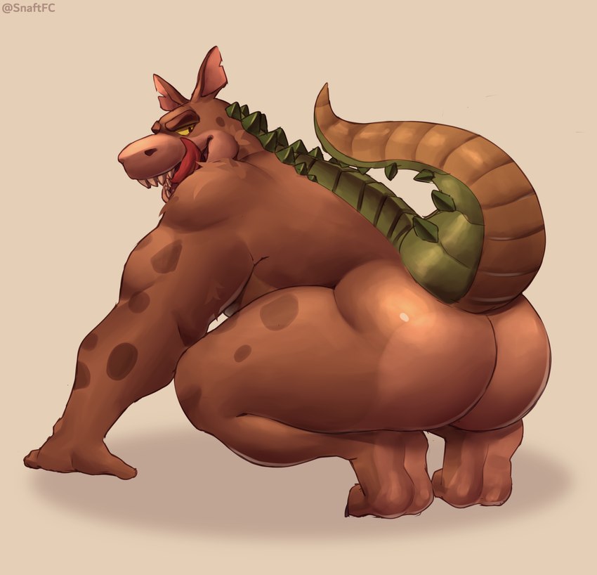 anthro bent_legs big_butt brown_body butt butt_focus claws eyebrows fangs feet fur fur_markings hand_on_floor looking_at_viewer looking_back male markings muscular muscular_male nude paws raised_tail rear_view red_tongue scales simple_background smile smirk solo tail tan_body teeth thick_tail tongue tongue_out white_background yellow_eyes snaftfc activision crash_bandicoot_(series) dingodile canid canine canis crocodile crocodilian dingo hybrid mammal reptile scalie absurd_res hi_res