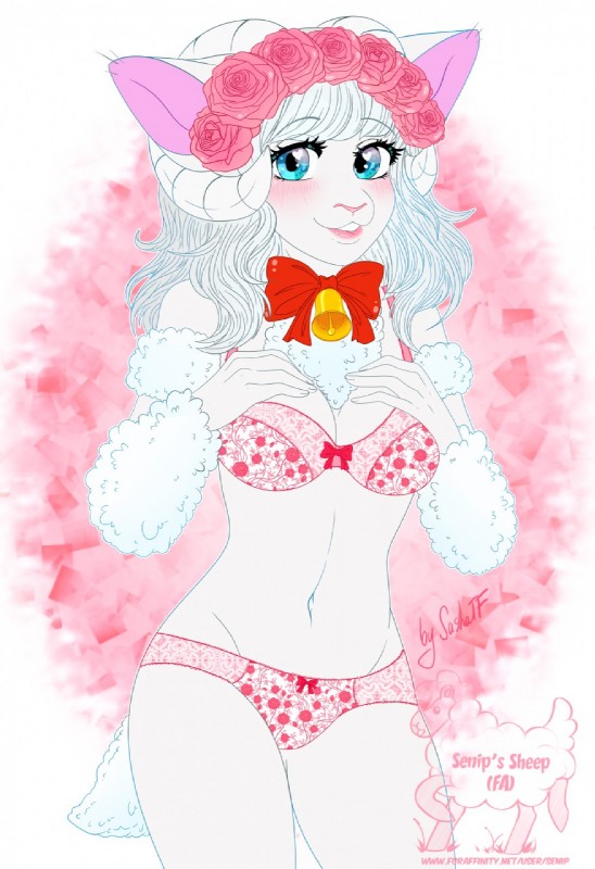 anthro bell blush bovid_horn bra breasts caprine_horn clothing curved_horn female flower fur horn panties plant ram_horn ribbons rose_(flower) solo text underwear wool_(fur) sashatf zoey_(senip) bovid caprine domestic_sheep mammal sheep 2019 hi_res url