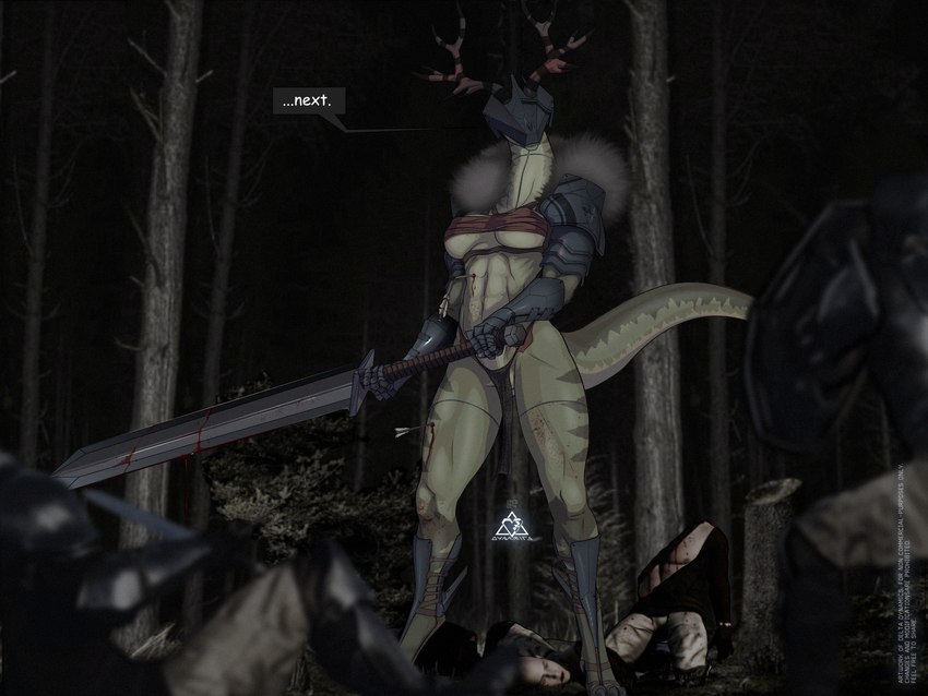 abs anthro antlers armor athletic athletic_anthro athletic_female big_breasts blood bodily_fluids bottomwear breasts broadsword chest_wraps clothed clothing corpse death female gauntlets gloves gore greaves group handwear headgear helmet horn larger_female loincloth melee_weapon muscular pauldron size_difference skimpy sword tall unconvincing_armor under_boob weapon wounded wraps delta.dynamics mythology lizzy_(character) dragon mythological_creature mythological_scalie scalie 2024 4:3 hi_res