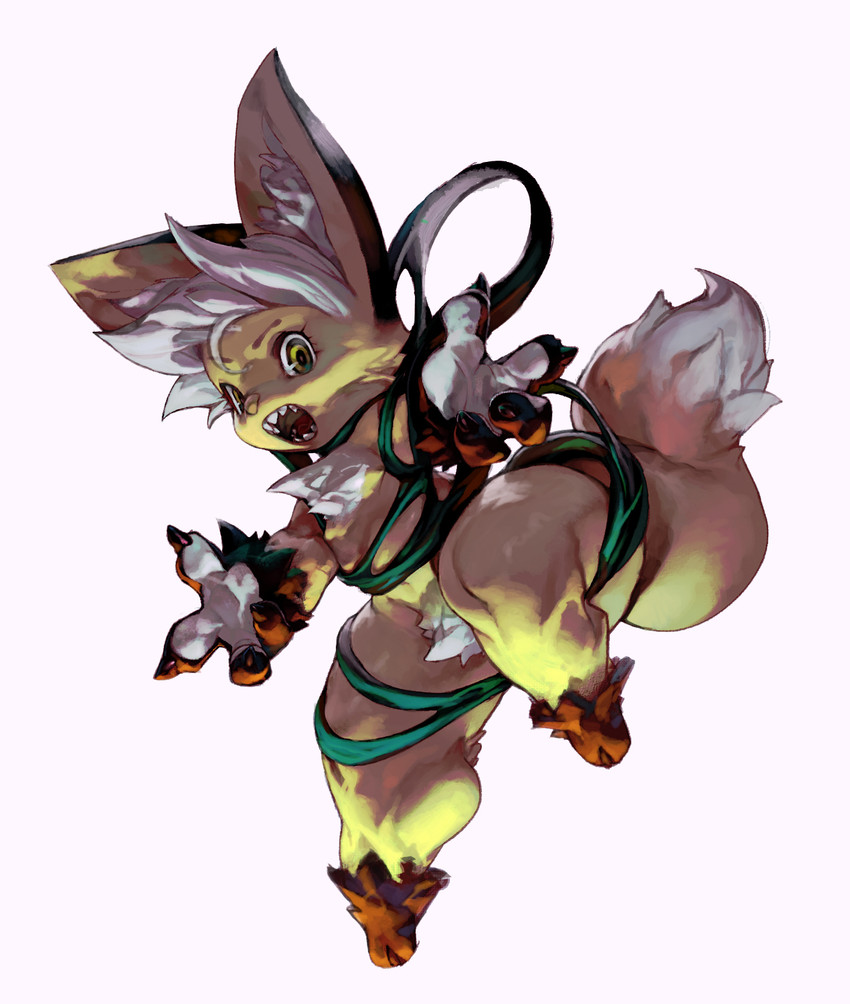 4_fingers action_pose anthro breasts chest_tuft female fingers fur green_eyes hair navel nipples open_mouth pose simple_background solo tan_body tan_fur thick_thighs tuft white_background white_hair koki canid canine fox mammal 2016 hi_res