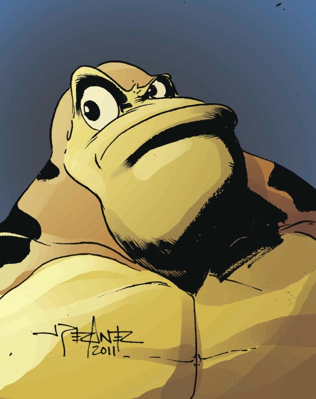 eyebrows male muscular muscular_male pecs raised_eyebrow solo unknown_artist battletoads rareware pimple_(battletoads) amphibian frog toad_(frog) hi_res