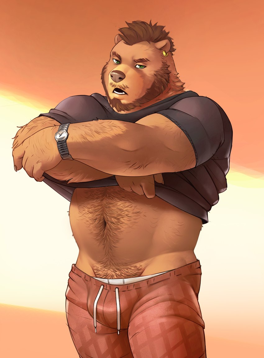 anthro arm_hair arm_tuft beard belly belly_hair body_hair bottomwear brown_hair bulge clock clothed clothing clothing_lift drawstring ear_piercing elbow_tuft facial_hair forearm_hair forearms green_eyes hair hairy happy_trail looking_at_viewer male manly musclegut muscular mustache navel orange_background pants piercing pubes raised_clothing raised_shirt raised_topwear shirt shirt_lift simple_background solo topwear tuft underwear undressing upset watch wristwatch highpups bear mammal 2024 absurd_res hi_res