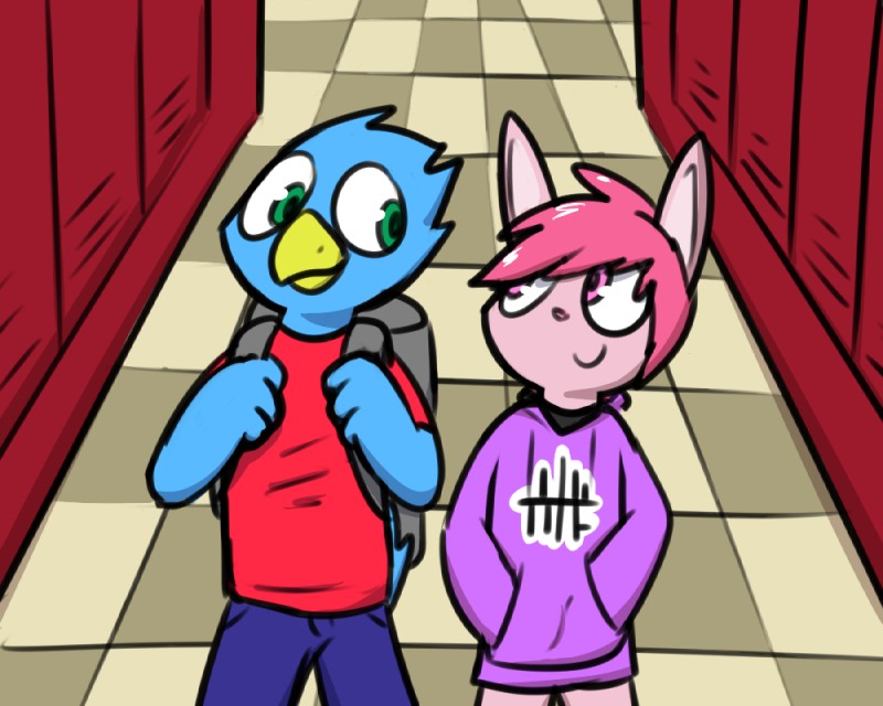 anthro backpack clothed clothing duo feathers fully_clothed hair happy inside male simple_background smile young young_anthro pokefound loss klace_(pokefound) sonny_boop avian bird lagomorph leporid mammal rabbit 2018 5:4 digital_media_(artwork) meme