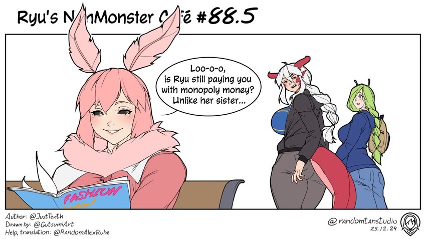 antennae_(anatomy) big_breasts black_sclera blush braided_hair breasts eyelashes female green_hair group hair horn huge_breasts long_hair looking_at_viewer looking_back magazine monster_girl_(genre) pink_hair red_ears red_horn red_tail side_boob sitting smile smug tail text thick_thighs trio white_hair gutsumi randomtanstudio distracted_boyfriend mythology cherry_(randomtanstudio) loo_(randomtanstudio) ryu_(randomtanstudio) animal_humanoid arthropod arthropod_humanoid canid canine dragon dragon_humanoid fox gastropod gastropod_humanoid humanoid insect insect_humanoid lepidopteran lepidopteran_humanoid mammal mollusk mollusk_humanoid moth_humanoid mythological_creature mythological_scalie scalie slug_humanoid english_text meme