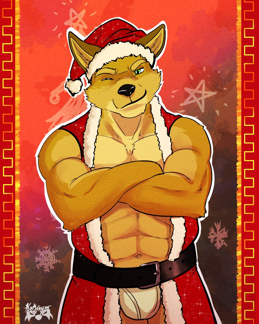 abs anthro belt biceps big_muscles black_nose bulge christmas_clothing christmas_headwear clothing costume crossed_arms fur hat headgear headwear holidays male muscular one_eye_closed santa_costume santa_hat snowflake solo text wink yellow_body yellow_fur kody_fryzma christmas danny_lawrence canid canine canis dingo mammal 4:5 absurd_res english_text hi_res