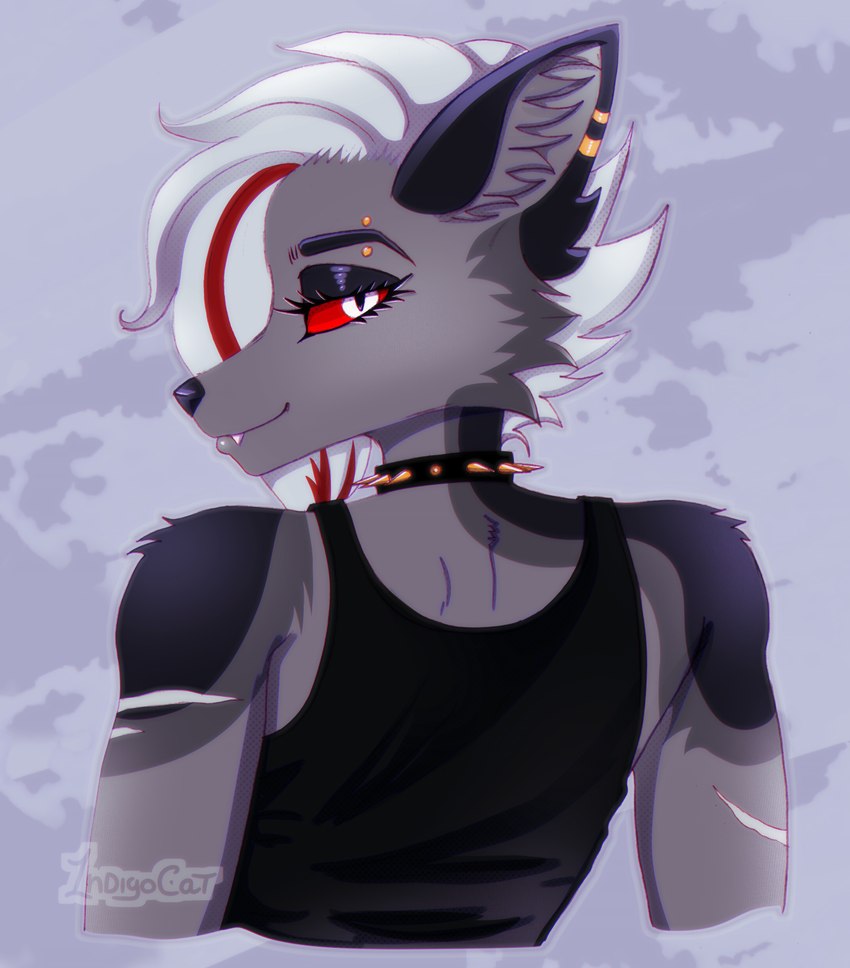 anthro arm_tuft black_clothing black_nose black_shirt black_t-shirt black_topwear clothing collar ear_piercing ear_ring fangs female fur grey_body grey_fur hair kemono piercing profile red_sclera ring_piercing scar shirt side_view solo spiked_collar spikes t-shirt teeth toony topwear tuft white_hair 1ndigocat mythology fan_character canid canid_demon canine canis demon hellhound mammal mythological_canine mythological_creature wolf 2024 bust_portrait colored_sketch hi_res portrait sketch