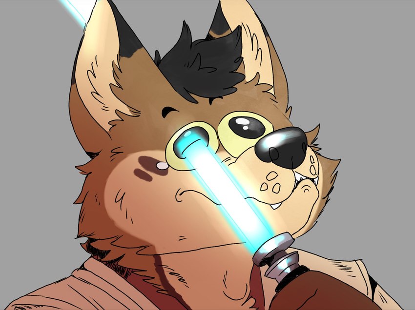 adam's_apple anthro black_tuft blue_lightsaber bodily_fluids brown_markings dialated_pupils ear_tuft eye_injury facial_markings facial_tuft hand_on_object hand_on_weapon head_markings head_tuft jedi_tunic lightsaber male markings melee_weapon solo tears teeth tuft weapon whisker_spots wounded yellow_sclera technocaster disney lucasfilm star_wars matte_wolf canid canine canis mammal wolf hi_res