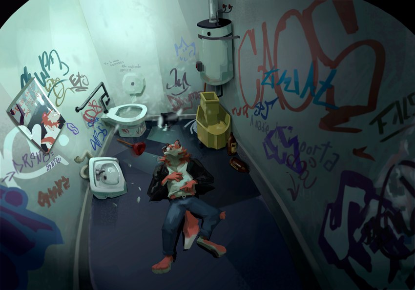 alcohol anthro bathroom beverage decay dirty fluffy fluffy_tail graffiti inside lying lying_on_ground male messy mirror on_back on_ground public_restroom sink solo tail toilet_bowl patadeperro canid canine fox mammal true_fox absurd_res hi_res