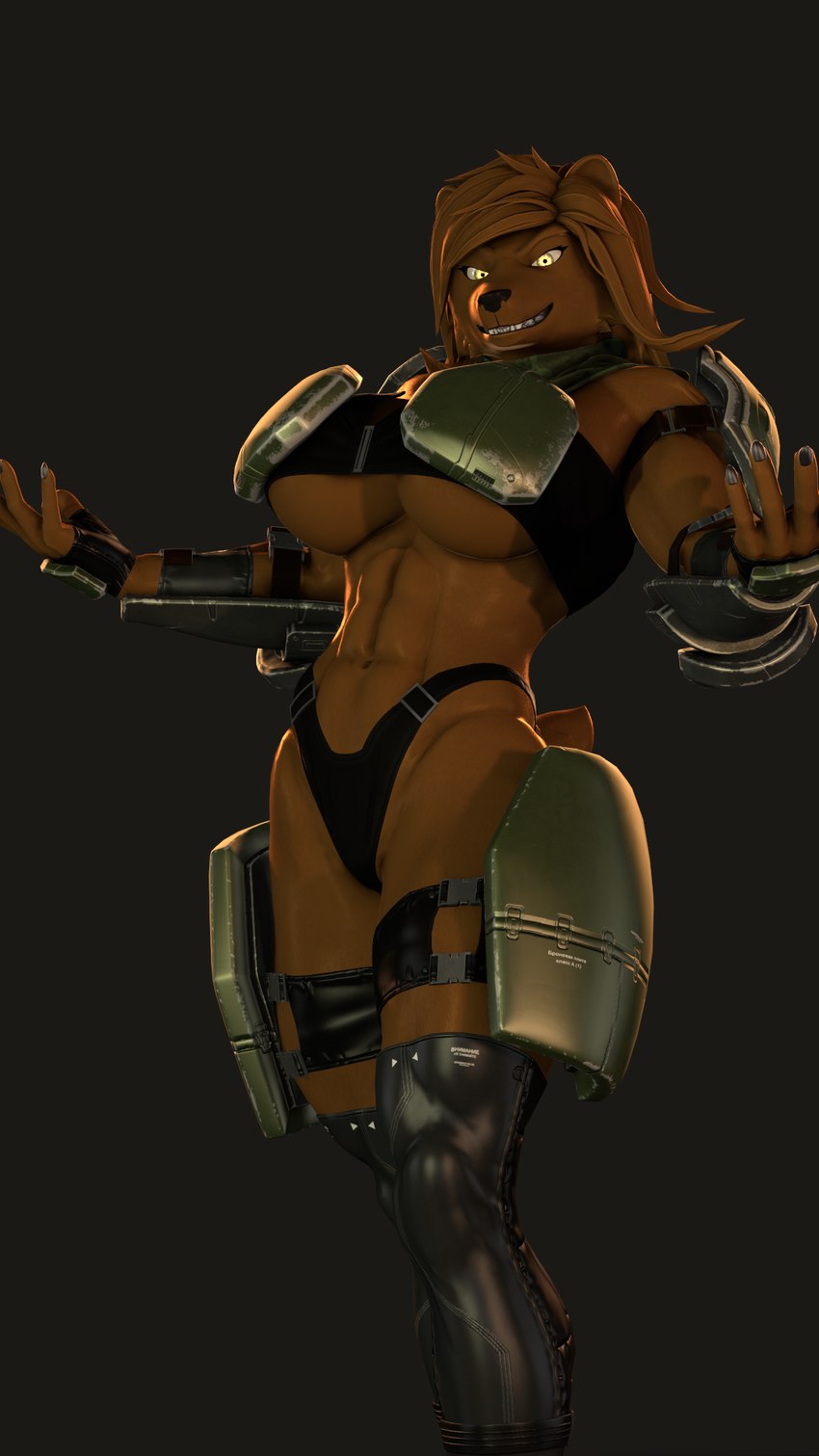 abs anthro armor big_breasts black_nose boots breasts brown_body brown_fur brown_hair cleavage clothed clothing female footwear fur gauntlets gloves hair handwear legwear long_hair muscular muscular_anthro muscular_female panties pose shoes shoulder_pads skimpy solo thigh_boots thigh_highs topwear unconvincing_armor under_boob underwear yellow_eyes thevestige petruz_(modeler) dasha_(petruz) bear brown_bear mammal ursine 3d_(artwork) 9:16 digital_media_(artwork) hi_res pinup source_filmmaker_(artwork)