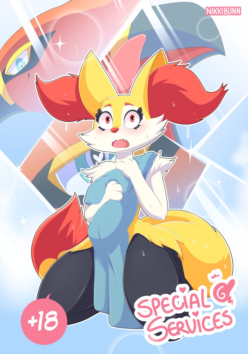 anthro bent_legs blush eyelashes femboy heart_eyes heart_font heart_symbol looking_surprised male number open_mouth pink_text solo text nikkibunn nintendo pokemon ari_the_talonflame ellie_the_braixen braixen generation_6_pokemon pokemon_(species) talonflame absurd_res comic cover cover_art cover_page english_text hi_res