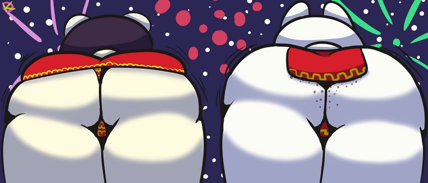 anthro barely_contained big_butt bottomwear butt butt_focus clothed clothing duo female freckled_butt freckles low-angle_view skirt thick_thighs tight_clothing upskirt wide_hips klutzatdusk animal_crossing nintendo pekoe_(animal_crossing) ruby_(animal_crossing) bear lagomorph leporid mammal rabbit