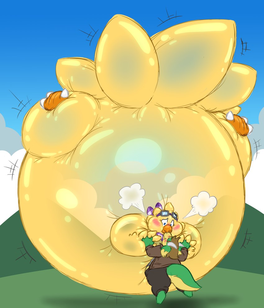 air_inflation ambiguous_gender anthro belly belly_expansion big_belly big_cheeks big_tail blush blush_lines clothing duo expansion floating horn huge_belly huge_tail hyper hyper_belly hyper_inflation hyper_tail immobile inflation motion_lines puffed_cheeks puffkiss swelling tail tail_expansion translucent translucent_body yellow_body buoyantbliss final_fantasy mythology square_enix buoyantbliss_(character) avian bird chocobo dragon mythological_creature mythological_scalie scalie 2021 absurd_res hi_res