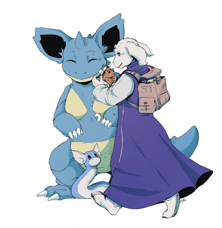 anthro backpack clothing dress egg female frill_(anatomy) fur group head_crest head_frill horn long_ears membrane_(anatomy) membranous_frill pokemon_egg robe simple_background white_background white_body white_fur jazzycat nintendo pokemon undertale undertale_(series) toriel boss_monster_(undertale) bovid canid canine caprine dratini generation_1_pokemon mammal nidoqueen pokemon_(species) vulpix crossover watermark