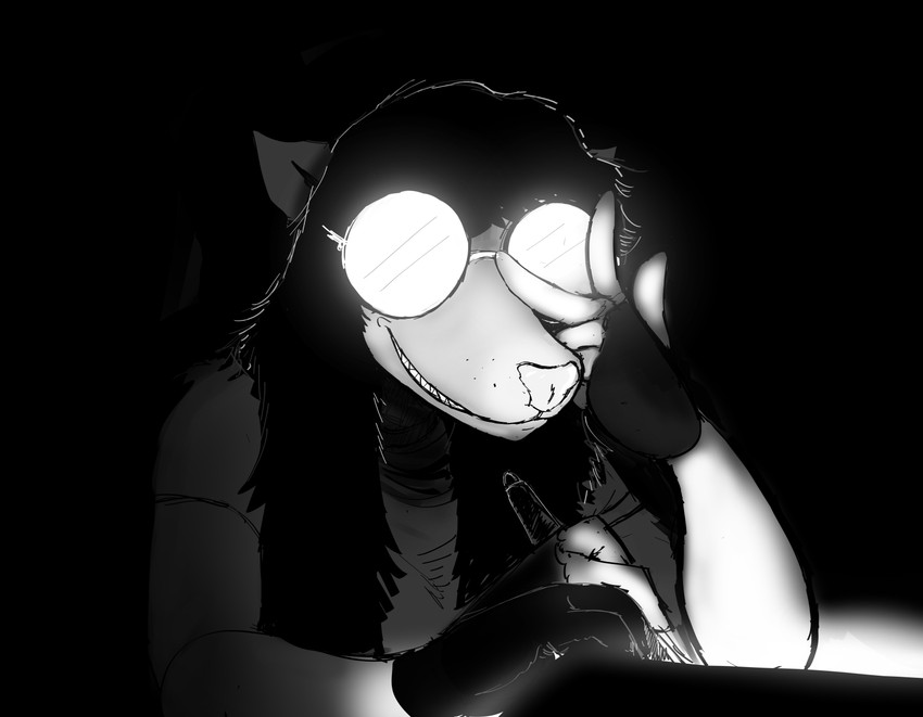 adjusting_glasses anthro creating_art drawing_tablet electronics eyewear female female_anthro glasses hand_on_glasses opaque_glasses scary_shiny_glasses smile smirk solo hladilnik marylin_(hladilnik) american_opossum mammal marsupial 2021 black_and_white hi_res monochrome