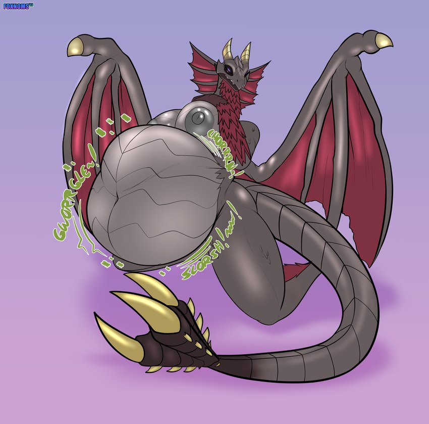 anthro anthro_pred belly big_belly big_breasts breasts digestion female female_pred half-closed_eyes membrane_(anatomy) membranous_wings narrowed_eyes oral_vore seductive tail vore wings foxynoms mythology dragon mythological_creature mythological_scalie scalie absurd_res hi_res