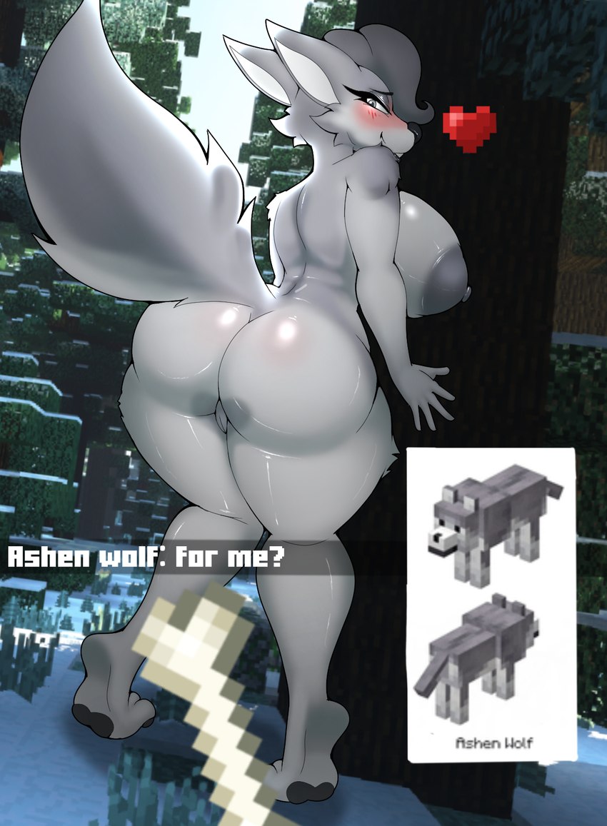 anthro areola big_areola big_breasts big_butt biped black_eyebrows black_nose blush bone breasts butt butt_markings dialogue eyebrows female female_anthro forest forest_background fur genitals grey_areola grey_body grey_eyes grey_fur grey_nipples heart_(marking) heart_symbol humanoid_genitalia humanoid_pussy looking_at_viewer markings nature nature_background nipples open_mouth plant pussy rear_view screencap screencap_background snow text thick_thighs tree view_from_back white_sclera wide_hips foxgumie microsoft minecraft mojang xbox_game_studios ash_(foxgumie) ashen_wolf_(minecraft) canid canine canis mammal wolf wolf_(minecraft) digital_media_(artwork) english_text hi_res reference_image