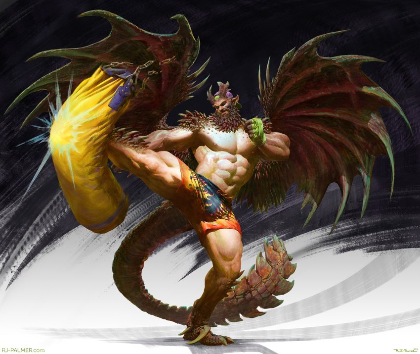 abs backwards_cap beard boxer_briefs bulge claws clothing facial_hair horn kick long_beard male membrane_(anatomy) membranous_wings muscular muscular_male nipples pecs punching_bag sandbag scales scaly_tail solo spikes tail text underwear wings arvalis mythology dragon humanoid hybrid mammal mythological_creature mythological_scalie scalie absurd_res hi_res url