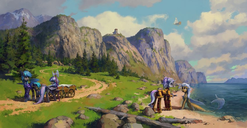 adventurer aircraft airship ankle_tuft armor beach blue_hair bracers cart cliff cloud coniferous_tree day detailed_background dirt_road driftwood ear_fins ear_piercing ear_tuft ears_back eyebrow_piercing eyeshadow facial_piercing facial_scar female feral fetlocks fin forest frowning_at_another fur gem grey_body grey_fur group hair halberd hoof_hold horn jewelry jewelry_only landscape leg_tuft makeup male melee_weapon mountain mouth_scar necklace observatory outside pearl_(gem) pearl_bracelet pearl_necklace piercing pivoted_ears plant polearm purple_hair scar sea sword tree tuft vehicle village wagon water weapon koviry hasbro my_little_pony mythology cottonmaw dim_halhide flowing_sands stellar_wind bat_pony equid equine mammal mythological_creature mythological_equine seapony_(mlp) unicorn digital_media_(artwork) hi_res