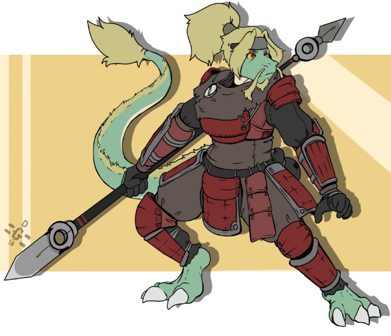 anthro armor beard blonde_hair clothed clothing facial_hair female goatee hair melee_weapon polearm simple_background solo spear standing tail weapon dannyg asian_mythology east_asian_mythology mythology dragon eastern_dragon mythological_creature mythological_scalie scalie wingless_dragon