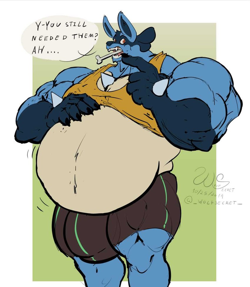 anthro belly big_belly bloated blue_body blue_fur bottomwear bulge clothing detailed_bulge fur hand_on_belly male muscular muscular_male pecs red_eyes shirt shorts solo tank_top topwear wolfsecret nintendo pokemon generation_4_pokemon lucario pokemon_(species) hi_res