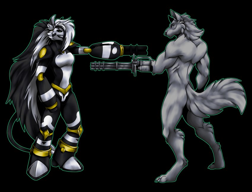 aiming aiming_at_another aiming_weapon anthro arm_cannon black_body black_hair covered_eyes digitigrade duo empty_eyes female gatling_gun gold_markings grey_body grey_hair grin gun gun_arm hair long_hair machine_gun male markings metallic_body metallic_hair minigun monotone_body mouthless nude nude_anthro nude_female nude_male plantigrade pointy_ears pseudo_hair ranged_weapon simple_background smile transparent_background weapon white_markings wirwik canid canine canis elemental_creature mammal metal_creature mineral_fauna unknown_species wolf alpha_channel hi_res