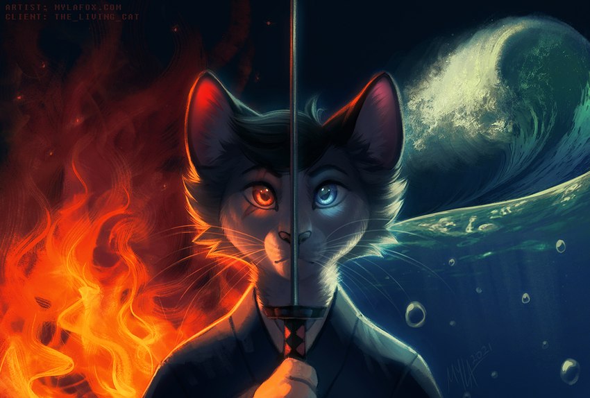 anthro black_clothing black_hair black_topwear blue_eyes cheek_tuft clothed clothing eye_scar facial_scar facial_tuft fire front_view fur glistening glistening_eyes glowing glowing_eyes hair heterochromia holding_melee_weapon holding_object holding_sword holding_weapon looking_at_viewer male melee_weapon mouth_closed red_eyes scar short_hair solo sword text topwear tuft water weapon whiskers white_body white_fur mylafox felid mammal 2021 bust_portrait dated portrait signature url