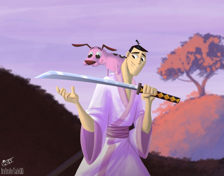 duo male male/male infinitetale00 cartoon_network courage_the_cowardly_dog samurai_jack courage_the_cowardly_dog_(character) samurai_jack_(character) beagle canid canine canis domestic_dog hunting_dog mammal scent_hound crossover