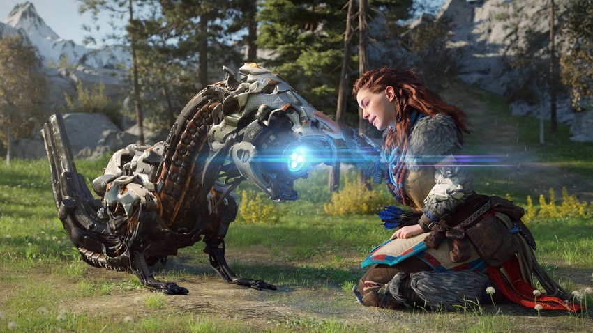 ambiguous_gender arrow_(weapon) cable clothed clothing collar duo female feral grass hair hand_on_head headpat kneeling lens_flare looking_at_another looking_at_partner machine metallic_body mountain not_furry on_ground outside petting plant ranged_weapon red_hair sitting smile tree weapon ivorylagiacrus horizon_(series) sony_corporation sony_interactive_entertainment aloy human mammal robot watcher_(horizon) 16:9 2021 3d_(artwork) 4k absurd_res digital_media_(artwork) hi_res widescreen