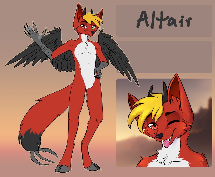 clawtail green_eyes hooves horn male red_body red_eyes solo wings annet_kapelly lord_altair_(sporealtair) canid canine demon fox hybrid mammal hi_res model_sheet