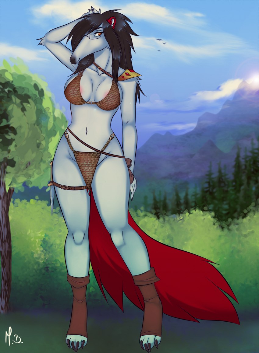 anthro armor bikini bikini_armor black_hair brown_eyes chainmail chainmail_bikini clothing eyewear female forest fur glasses hair knife lens_flare long_hair long_nose one_eye_obstructed plant red_ears red_tail solo swimwear tail tree two-piece_swimsuit unconvincing_armor white_body white_fur mrs.black sanguinarywolf anteater giant_anteater mammal pilosan xenarthran absurd_res hi_res