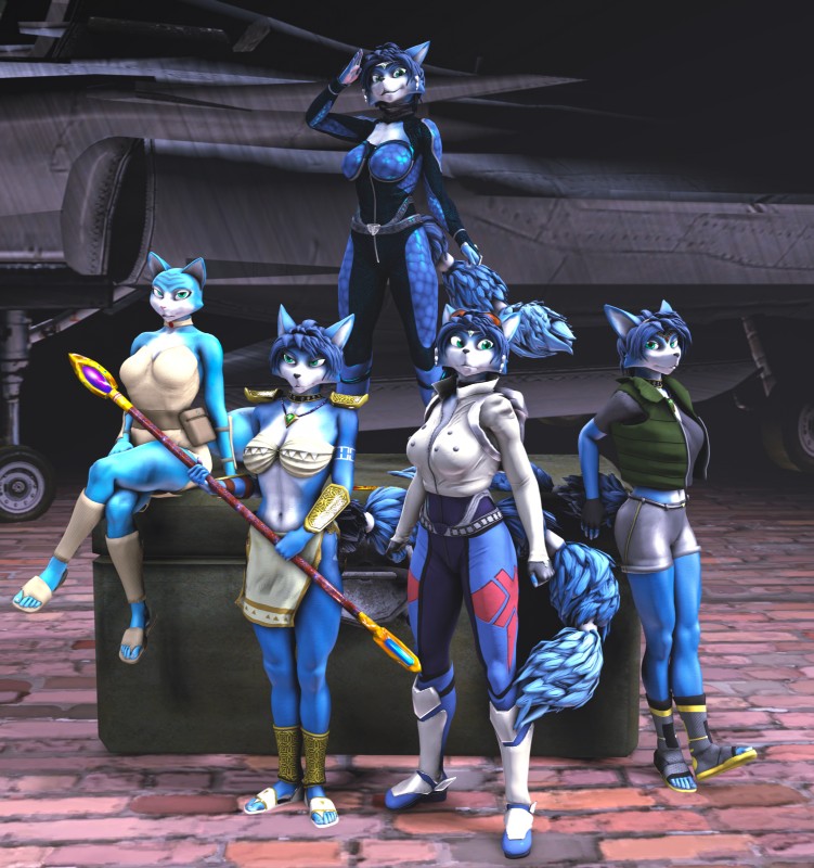 anthro bodysuit breasts clothed clothing female footwear group looking_at_viewer markings pilot sandals shoes sitting skinsuit square_crossover standing tight_clothing tribal tribal_markings warfaremachine dinosaur_planet nintendo rareware star_fox warfare_machine krystal_(dinosaur_planet) krystal_(star_fox) warfare_krystal canid canine felid feline fox mammal 3d_(artwork) absurd_res digital_media_(artwork) hi_res source_filmmaker_(artwork)