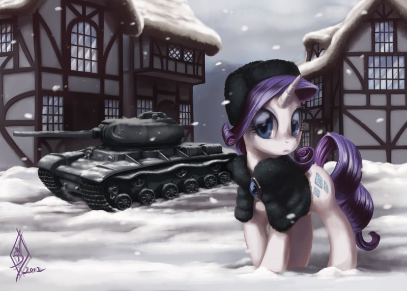 blue_eyes clothing cutie_mark female feral hair horn kv-85 outside purple_hair quadruped russian snow solo soviet_union tail tank_(vehicle) uniform vehicle whitediamonds friendship_is_magic hasbro my_little_pony mythology rarity_(mlp) equid equine mammal mythological_creature mythological_equine unicorn 2012 hi_res