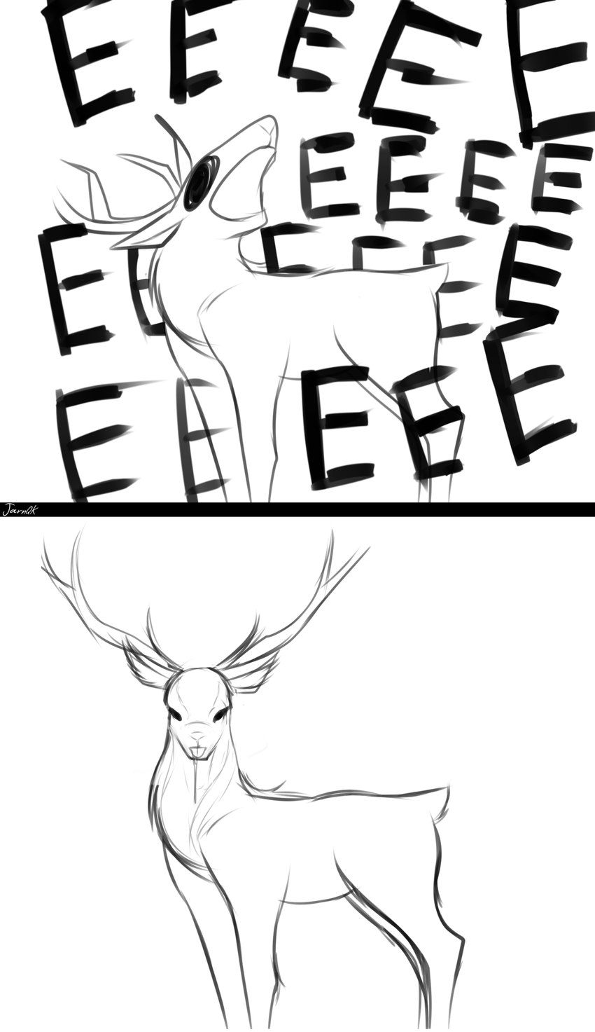 ambiguous_gender antlers big_antlers black_bar bodily_fluids drooling feral horn looking_at_viewer looking_up neck_tuft open_mouth saliva saliva_string screaming simple_background solo standing text tuft white_background jarnqk deer mammal 2021 2koma absurd_res comic hi_res monochrome signature