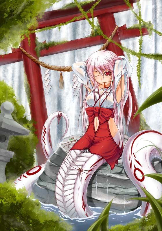 adjusting_hair apode asian_clothing blush breasts clothing east_asian_clothing female hair japanese_clothing legless long_hair looking_at_viewer miko_outfit monster_girl_(genre) mouth_hold navel one_eye_closed pink_hair raised_arm red_eyes religion serpentine shide shimenawa shinto solo split_form torii water waterfall wet wink midnight_(artist) draconcopode humanoid lamia reptile scalie snake hi_res